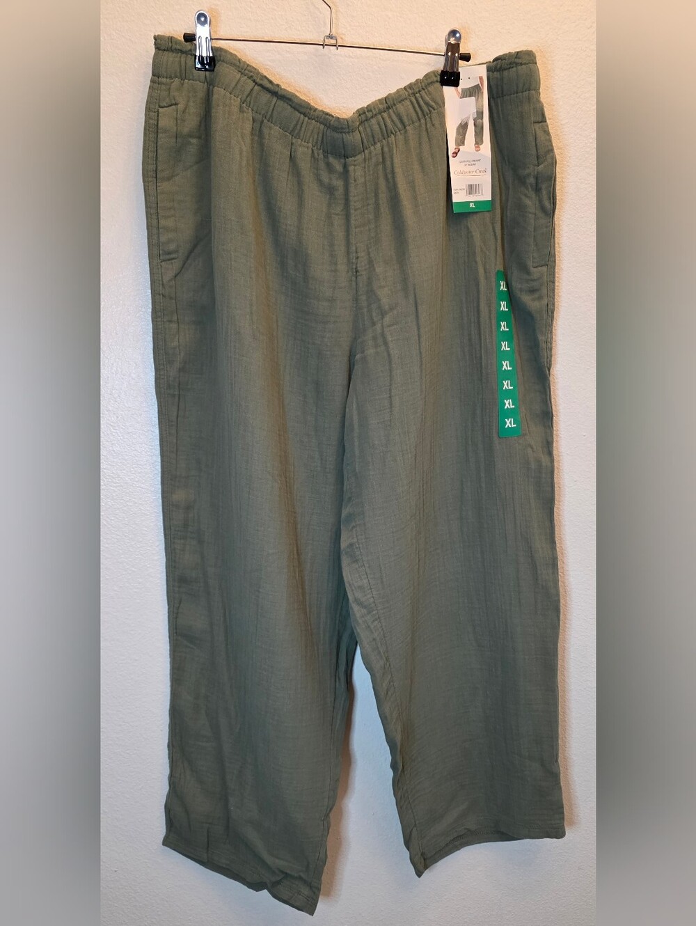 Coldwater Creek Women's Cotton Gauze Pull-On Pant Olive XL Side Pockets (300B9)